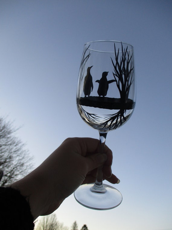 Hand Painted Penguin Wine Glass - Etsy