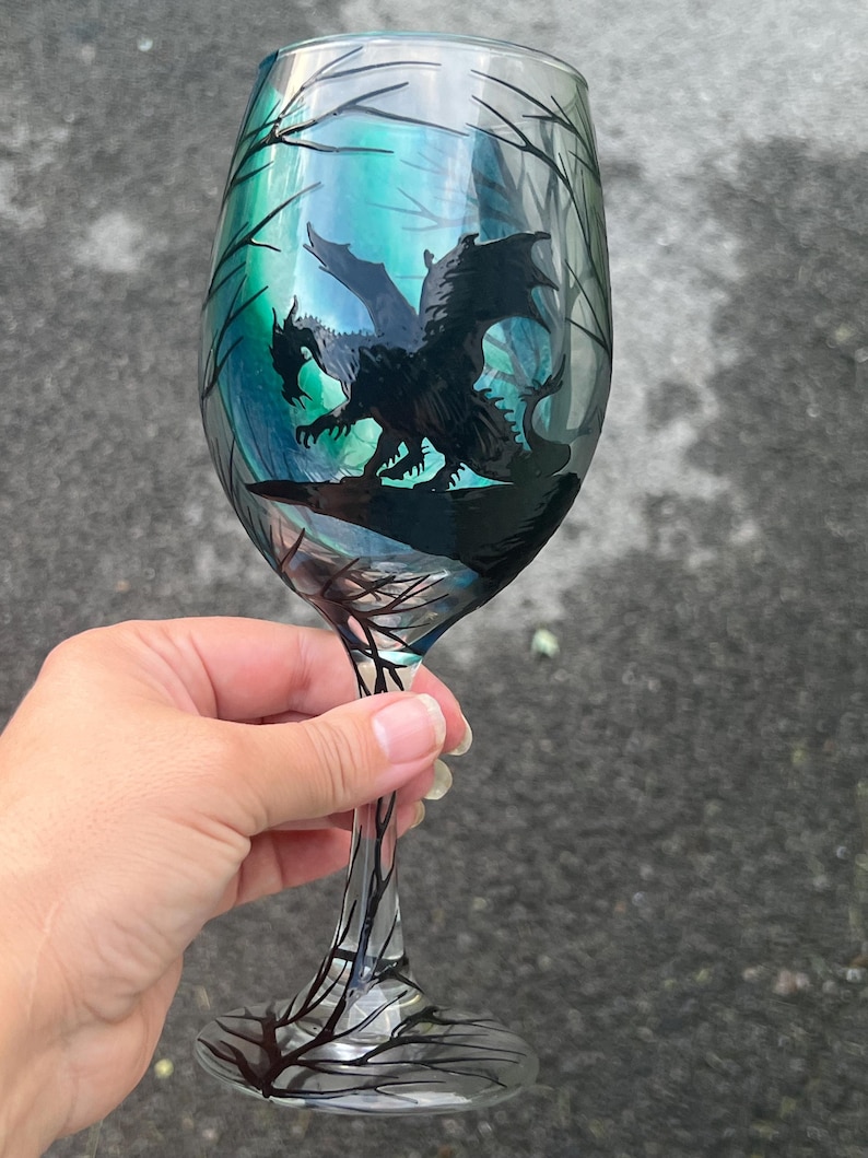 Hand Painted Dragon Wine Glass - Etsy