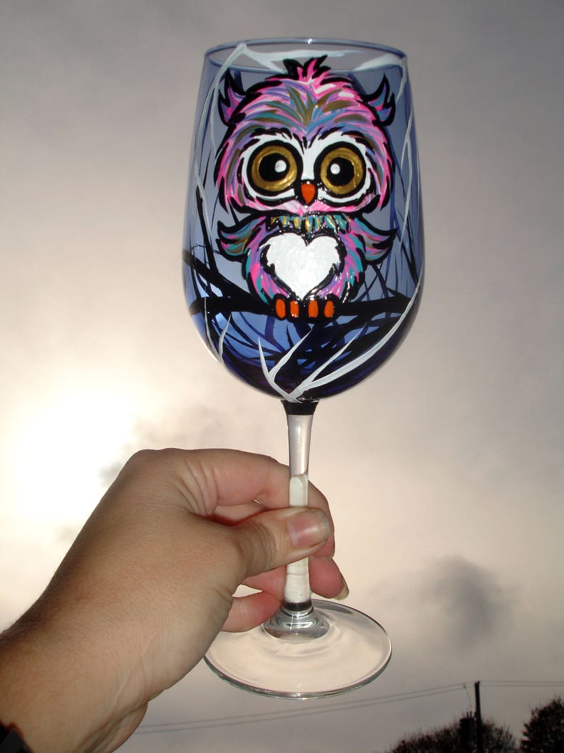 Owl Wine Glass With Stem Also Painted Etsy