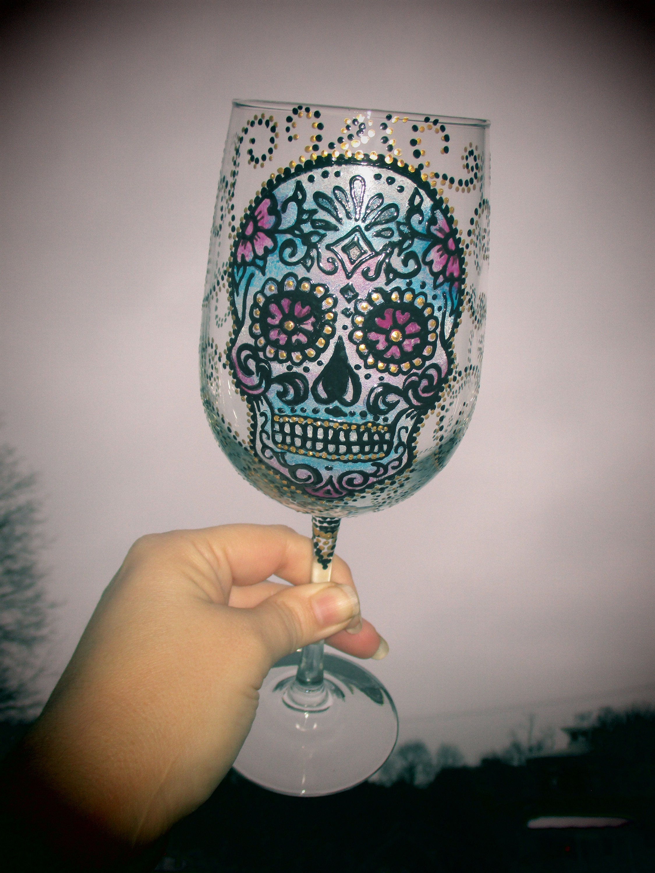 Verre à Vin Sugar Skulls - Design Main Peint Main Pour Fête Des Morts
