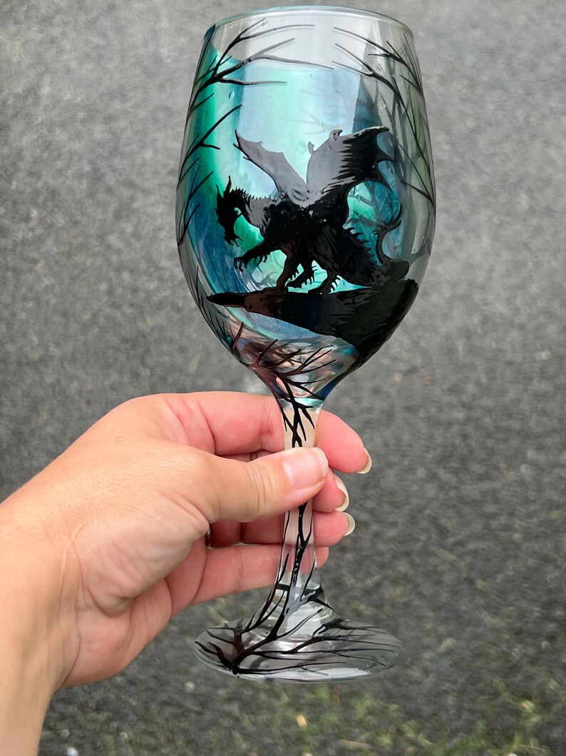 Hand Painted Dragon Wine Glass - Etsy