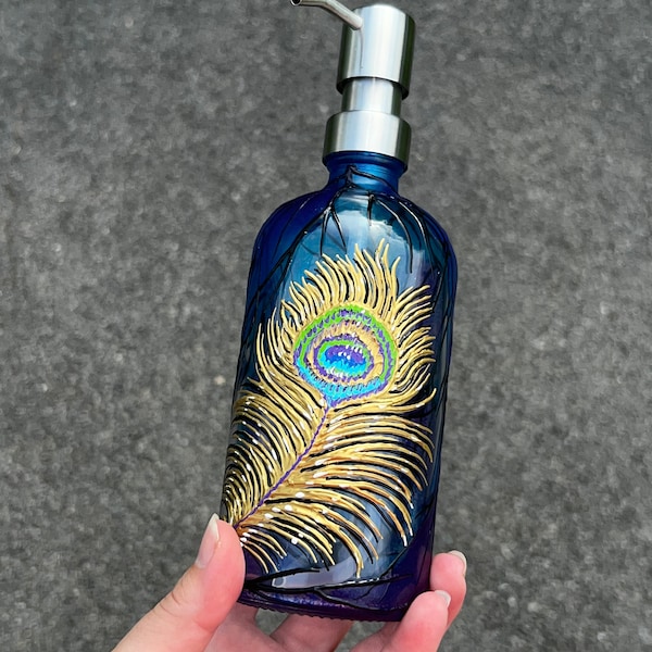1 Hand painted peacock feather soap dispenser