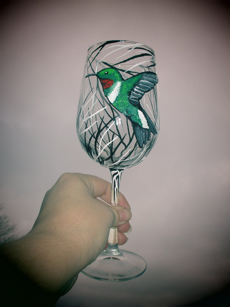 1 Hand painted humming bird wine glass