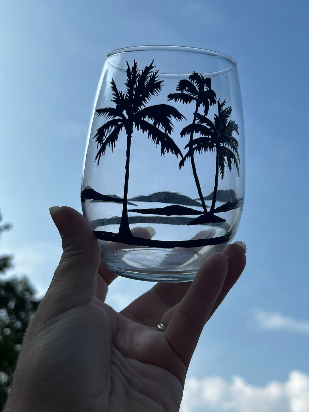 1 Hand Painted Palm Tree Stemless Wine Glass Etsy