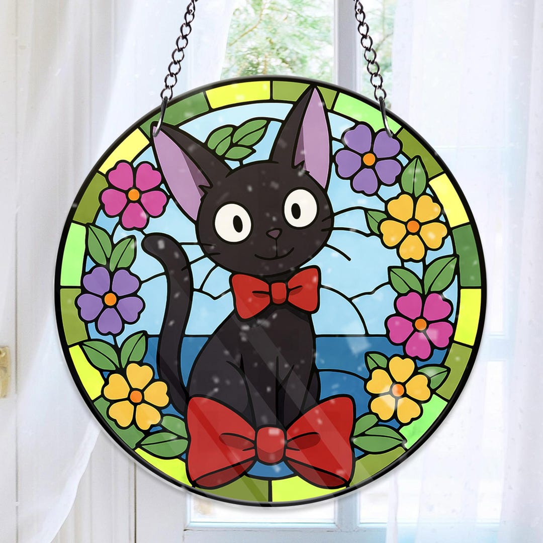 Shadow Cat Floral Stained Glass Suncatcher, Window Hanging, Cat Lover ...