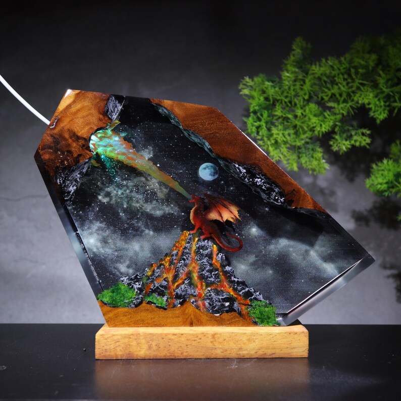 Handmade Fire Dragon Night Light, Volcano Resin Lamp, Volcano Wood ...