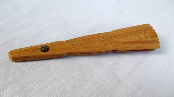 Small Vintage Hand Carved Wooden Fan - image 8