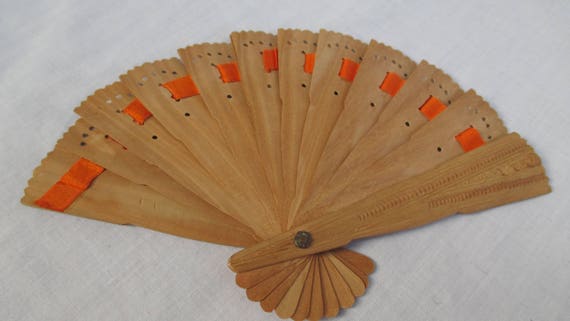 Small Vintage Hand Carved Wooden Fan - image 1