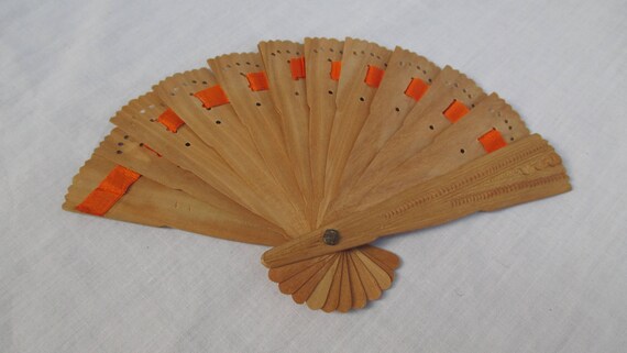 Small Vintage Hand Carved Wooden Fan - image 2