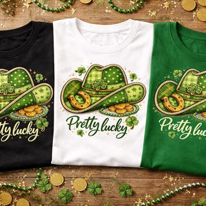 Puede incluir: Tres camisetas en negro, blanco y verde, cada una con un diseño de sombrero de vaquero verde, herradura, tréboles y monedas de oro. El texto "Pretty lucky" está debajo.