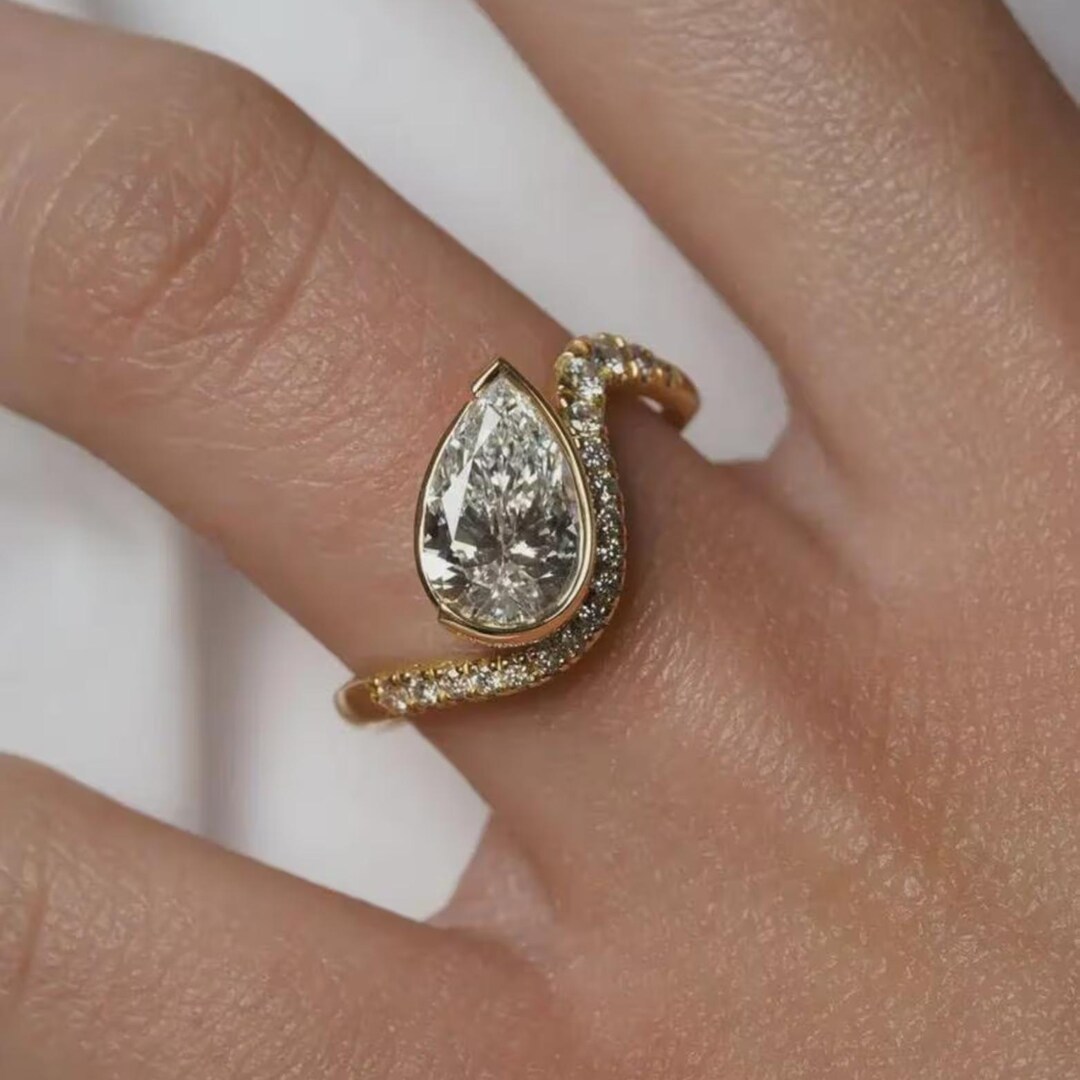 3 Ct Pear Cut Moissanite Engagement Ring | Unique Bypass Swirl Pavé ...