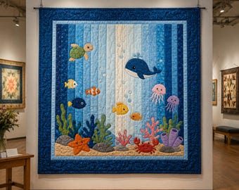 Tiny Ocean 03514D-Ocean Baby Quilt Pattern, Sea Life Applique Printed Paper Pattern, Turtle Whale Jellyfish Fish Crab Nursery Wall Hanging
