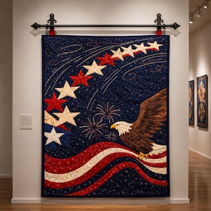 May include: A rectangular wall quilt featuring a dark blue background with a large bald eagle in flight, red and white wavy stripes, and a curved arc of red and white stars. The design includes stitched firework patterns and is hung from a black metal rod.