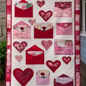 May include: A handmade quilt with a white background, featuring red and pink envelope and heart appliqués. The quilt has a patchwork border and is decorated with floral and rose motifs. The overall theme is Valentine's Day.