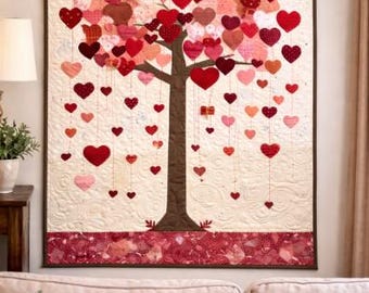 Patrón de edredón Árbol del amor 3079D – Tapiz de pared con apliques de corazones hechos con retazos (papel impreso)