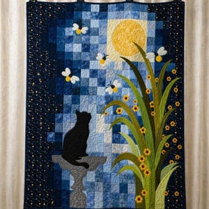 Luna Garden 03242D - Black Cat Moon Quilt Pattern – Starry Night Garden Applique (Printed Paper)