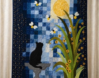 Luna Garden 03242D - Black Cat Moon Quilt Pattern – Starry Night Garden Applique (Printed Paper)