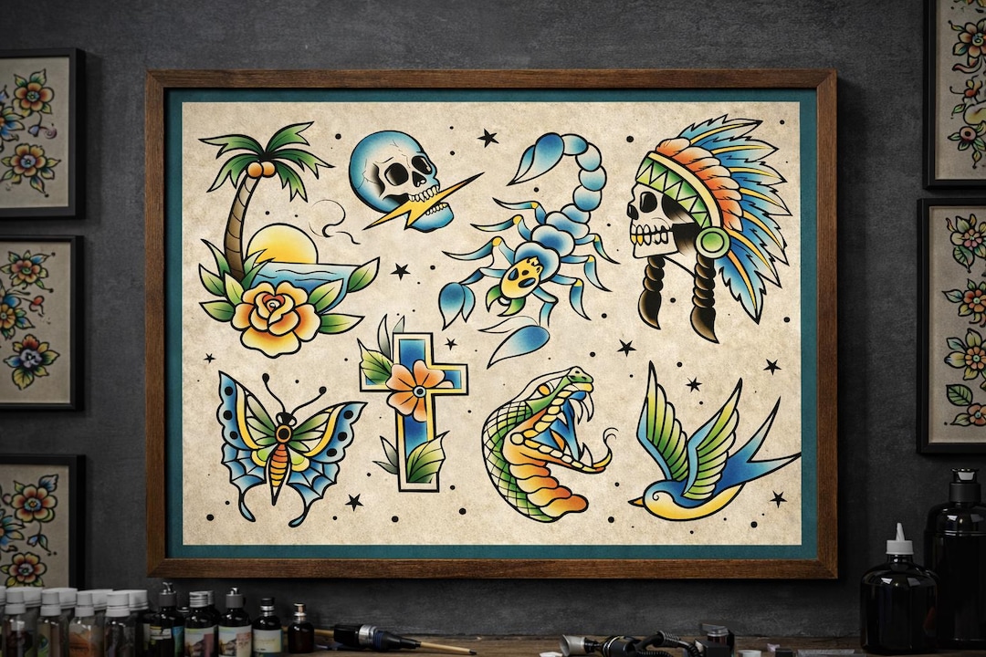 Traditional Tattoo Flash Sheet Poster, Textured Watercolor Matte Print ...