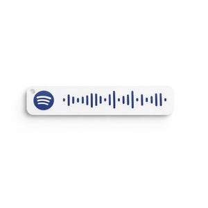 May include: A white rectangular tag featuring a Spotify code, with a blue Spotify logo and a blue waveform pattern. The tag has a small hole for attachment. The design is set against a white background.