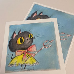 May include: A black cat with yellow eyes and a yellow dress holds a candy cane trident. The cat is on a blue background.