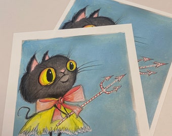 May include: A black cat with yellow eyes and a yellow dress holds a candy cane trident. The cat is on a blue background.