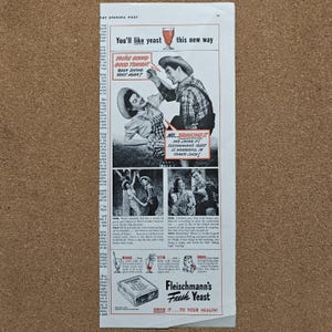 May include: A vintage black and white magazine advertisement for Fleischmann's Fresh Yeast. The ad features illustrations of people, text including You'll like yeast this new way, and instructions for mixing yeast into tomato juice for a drink.