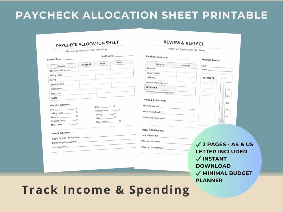 Paycheck Allocation Sheet Printable A4, Minimal Budget Planner, Income ...