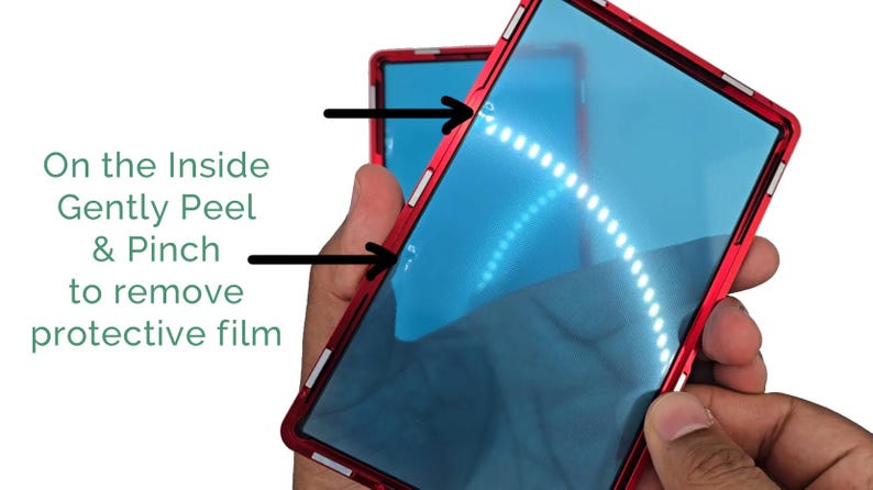 May include: A red phone case with a blue screen protector. The text on the image reads: "On the Inside Gently Peel & Pinch to remove protective film."