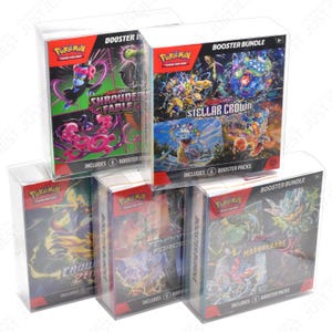 May include: Six clear plastic boxes containing booster packs of Pokemon trading cards. The boxes are labeled with the names of the sets: "Shrouded Fable", "Stellar Crowd", "Crown Zenith", "Radiant Force", "Masquerade", and "Booster Bundle". Each box includes six booster packs.