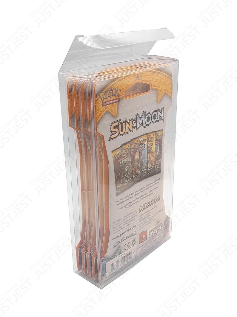 May include: A clear plastic display case containing multiple packs of Pok&eacute;mon Sun & Moon trading cards. The packaging features the Pok&eacute;mon logo and card pack graphics. The case is designed to protect and showcase the cards.