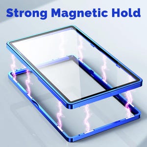 May include: A blue magnetic tablet case with a clear screen protector. The words "Strong Magnetic Hold" are at the top. The case is shown in two pieces, with lightning bolt graphics between them.