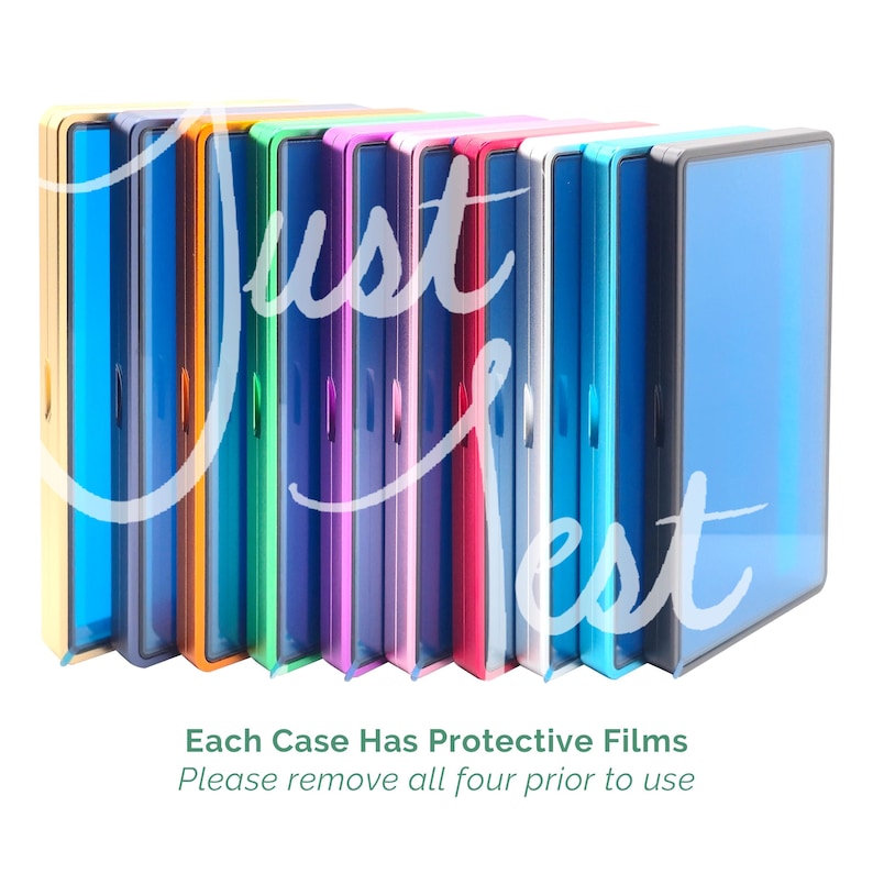 May include: A collection of colorful phone cases in various shades, including gold, orange, green, purple, pink, red, and blue. The cases are arranged side by side, with the text "Just Test" overlaid on the front. The cases have protective films.