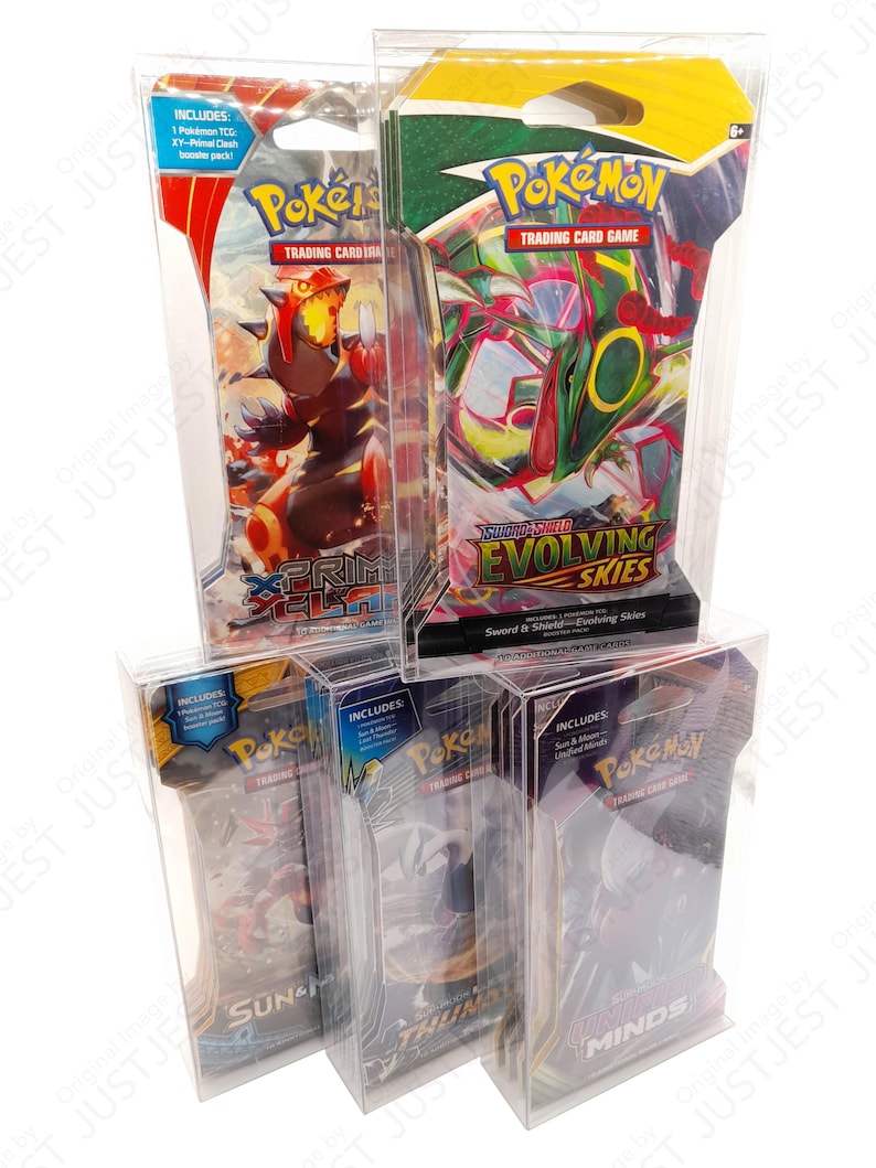 May include: Several Pok&eacute;mon Trading Card Game booster packs in clear plastic packaging. The packs feature colorful artwork and text, including "Evolving Skies" and "Sun & Moon". The packaging includes the text "Includes: 1 Pok&eacute;mon TCG XY-Primal Clash booster pack!"
