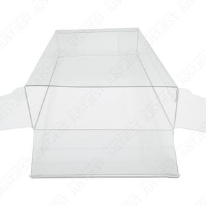 May include: A clear, unfolded, transparent plastic box with a rectangular base and a pyramidal top. The box has tabs extending from the sides, designed for easy assembly. The image is against a white background.