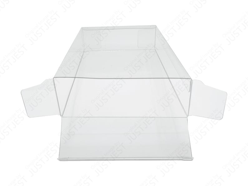 May include: A clear, unfolded, transparent plastic box with a rectangular base and a pyramidal top. The box has tabs extending from the sides, designed for easy assembly. The image is against a white background.