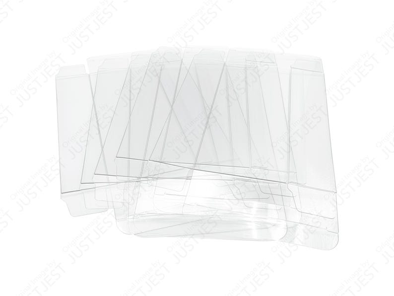 May include: A stack of clear, unfolded, transparent plastic boxes, likely for packaging small items. The boxes are rectangular with fold lines and tabs, and are arranged against a white background.
