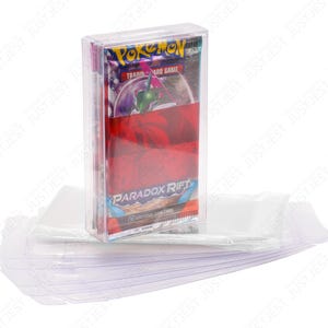 May include: A clear plastic box containing a sealed pack of Pokemon Trading Card Game Paradox Rift booster packs. The box is sitting on top of a stack of clear plastic sleeves.