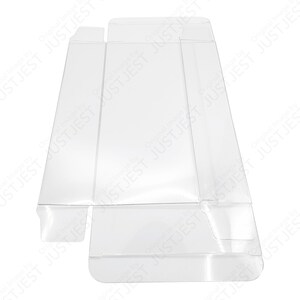May include: A clear, unfolded cardboard box with a rectangular base and angled sides. The box is designed to be folded and assembled. The image is set against a white background. The text "JUSTJEST" is repeated across the image.