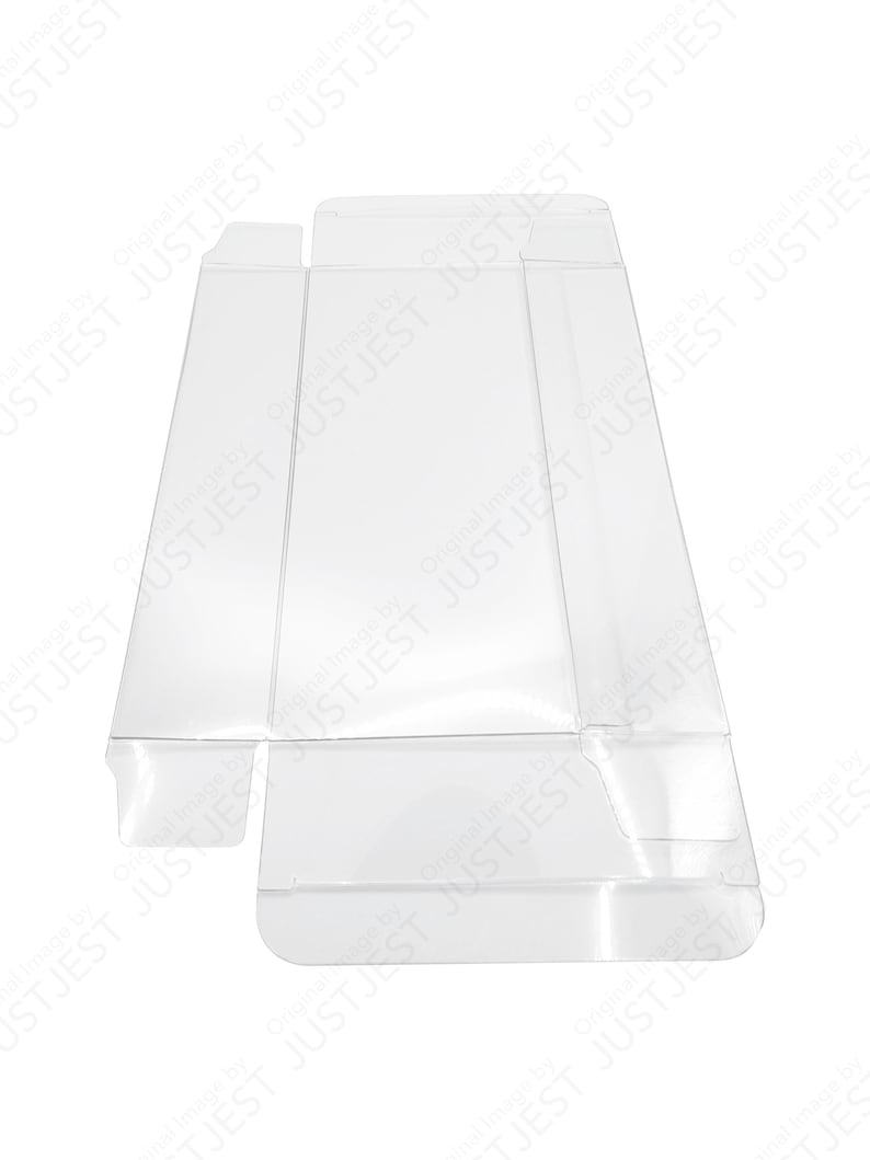 May include: A clear, unfolded cardboard box with a rectangular base and angled sides. The box is designed to be folded and assembled. The image is set against a white background. The text "JUSTJEST" is repeated across the image.