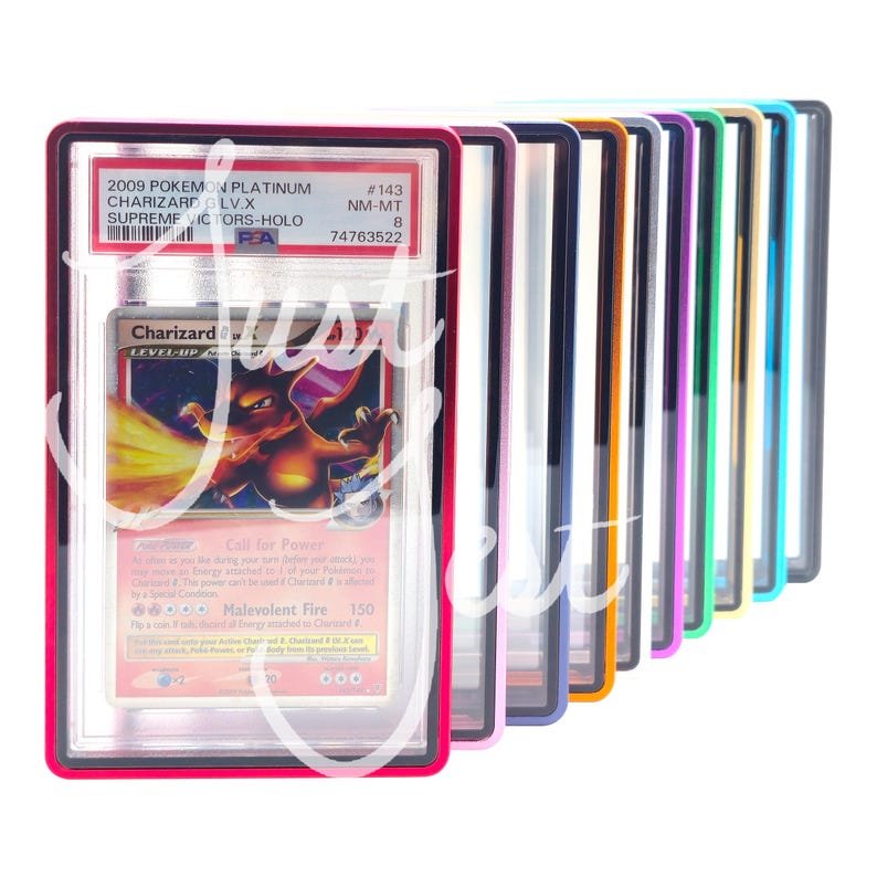 May include: A graded Charizard LV.X Pokemon card from the 2009 Platinum Supreme Victors set. The card is encased in a protective holder with a red border, and is graded NM-MT 8. The card features a fiery illustration of Charizard.