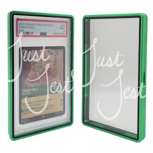 May include: A green and black card holder with a Disney Lorcana Tinker Bell foil card inside. The card is graded and encased in a clear plastic holder. The holder is green with black trim.