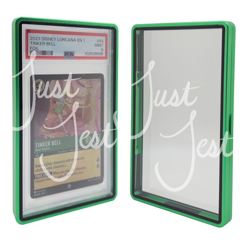 May include: A green and black card holder with a Disney Lorcana Tinker Bell foil card inside. The card is graded and encased in a clear plastic holder. The holder is green with black trim.