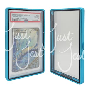 May include: Two blue protective cases for collectible cards. One case contains a Pokemon card with the text "2023 Pokemon Mew En Dragonair Illustration Rare". The card is graded NM-MT 8. The other case is empty.
