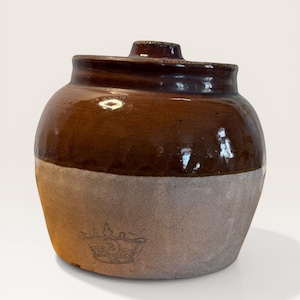 Pot en grès ancien Robinson Ransbottom – 1930 Couronne bleue – Jar vintage américain – Stoneware brun et crème Bean Pot – Blue Crown