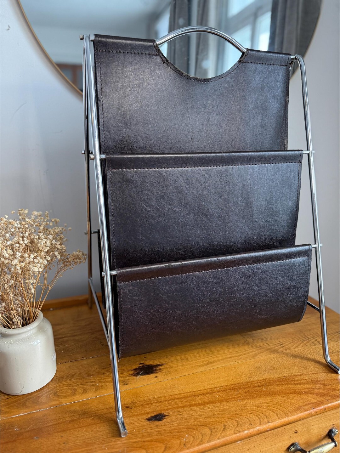 Vintage Bauhaus Style Magazine Rack – Chrome Metal and Brown Leather ...