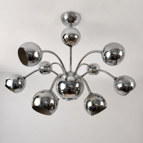 Mid Century Chrome Eyeball Chandelier by Goffredo Reggiani, 1970s | Italian Space Age Pendant Light | Vintage Multi Arm Ceiling Lamp