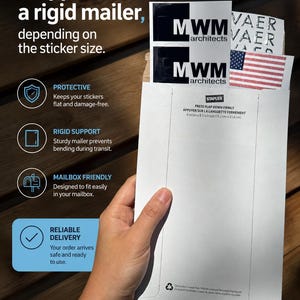 May include: A white rigid mailer envelope measuring 6 inches by 8.5 inches, containing several stickers including two black and white MWM architects logos, a VAER logo, and a small American flag sticker, with printed text on the envelope flap.