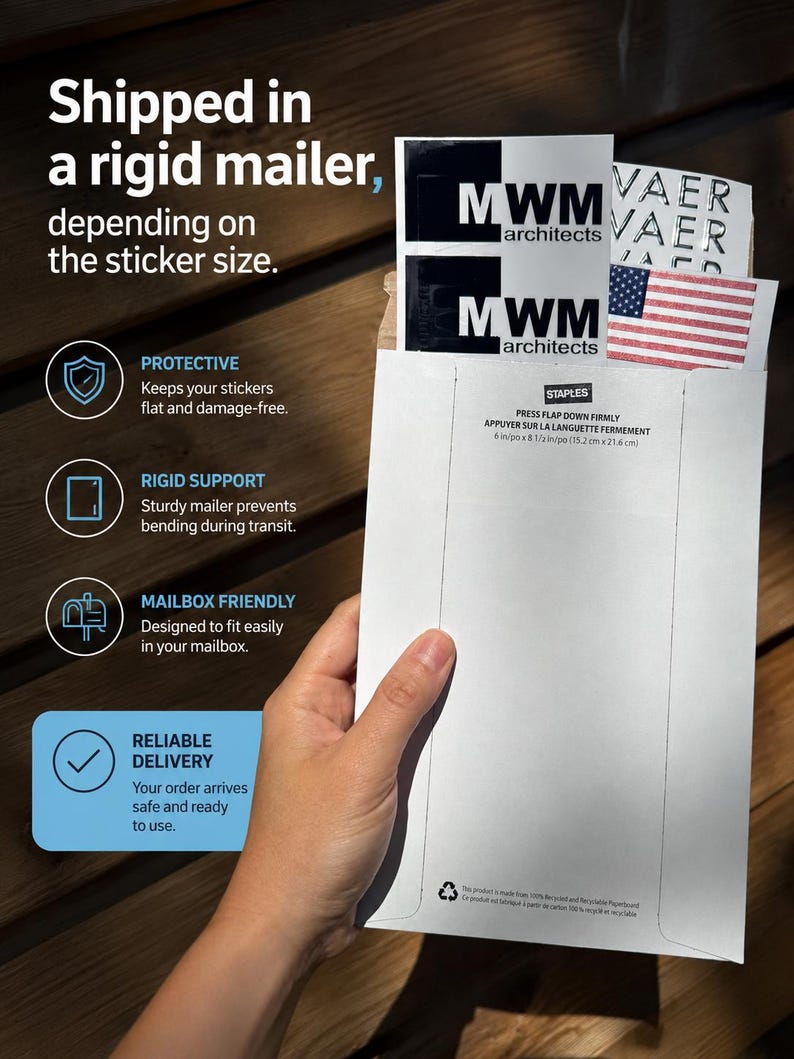 May include: A white rigid mailer envelope measuring 6 inches by 8.5 inches, containing several stickers including two black and white MWM architects logos, a VAER logo, and a small American flag sticker, with printed text on the envelope flap.