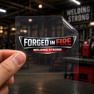 May include: A clear sticker held by a hand, featuring the text "FORGED IN FIRE" in white and red, with "WELDING STRONG" below. The sticker has a black and silver border. The background shows a workshop setting.