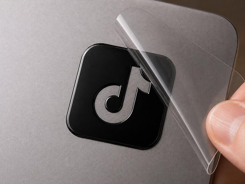 May include: A square black sticker featuring the silver TikTok logo icon with rounded corners. The sticker is shown being applied to a gray surface, with a clear adhesive transfer film partially peeled back from the top right corner of the decal.
